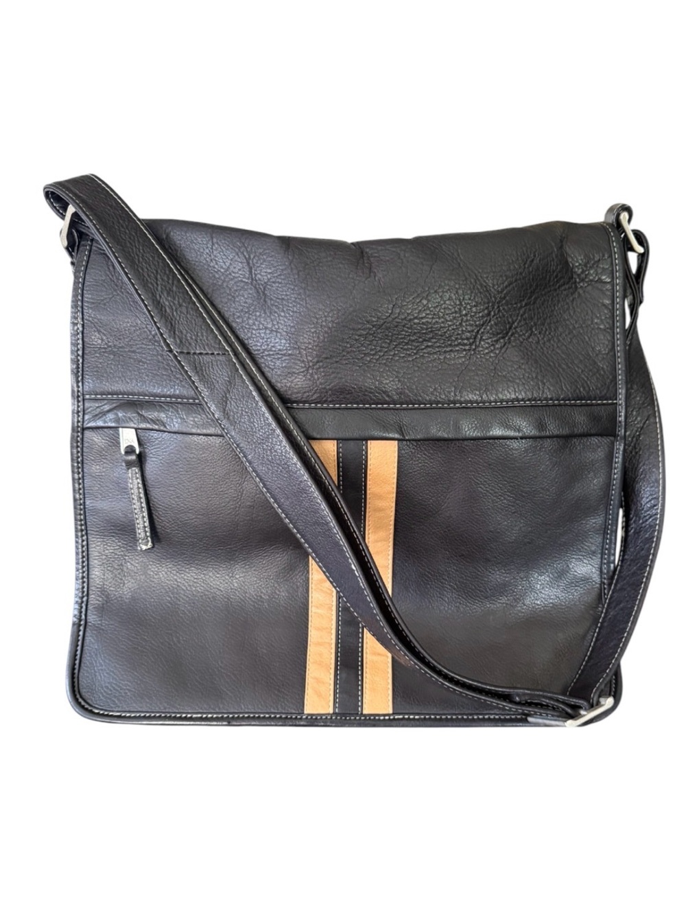 Black Pebbled Leather Messenger Bag Made in Colombia Striped Crossbody